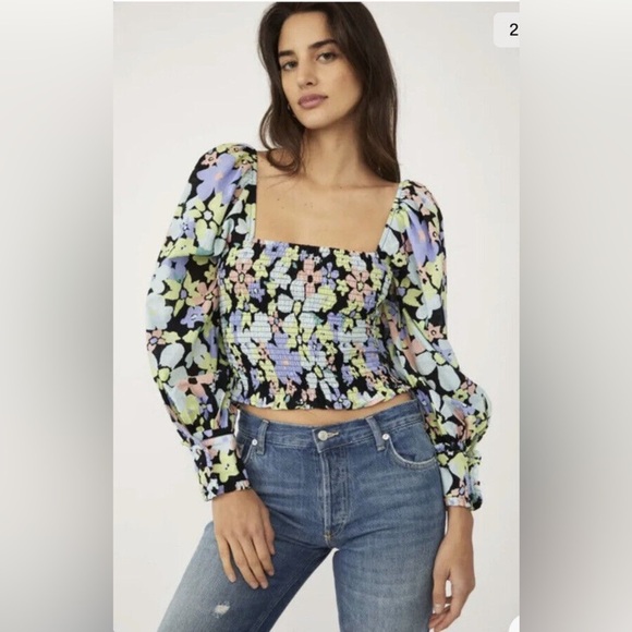 Free People Tops - Free People Womens Ariana Floral Puff Sleeve Crop Blouse Retro Combo Size Medium